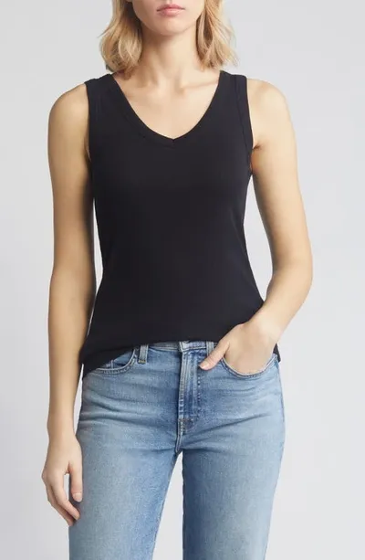 Caslon V-neck Organic Cotton Blend Tank Top In Black