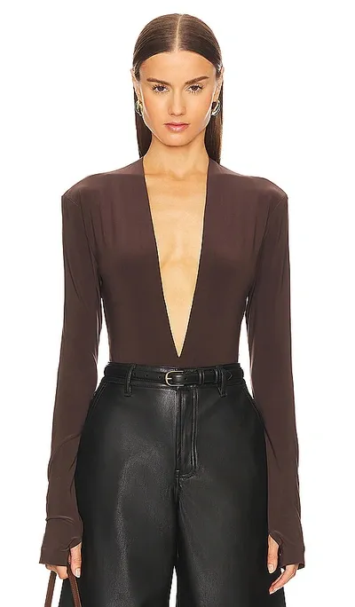 Norma Kamali Deep V Neck Bodysuit In Chocolate