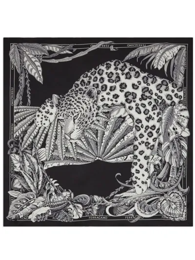 Ferragamo Feline-print Silk Scarf In Black