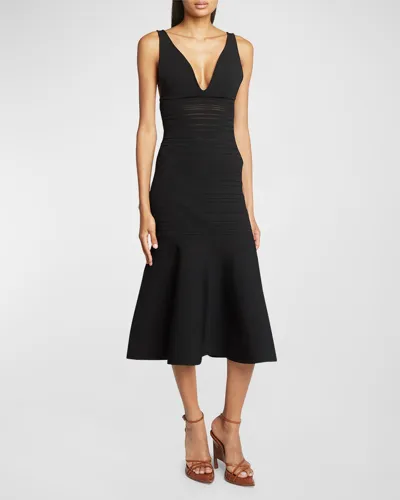 Victoria Beckham Frame Plunigng Sleeveless Pointelle Knit Midi Trumpet Dress In Black