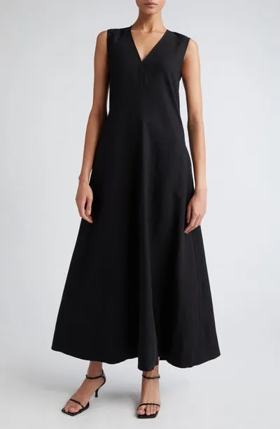 Totême Fluid V-neck Linen Blend Midi Dress In Black