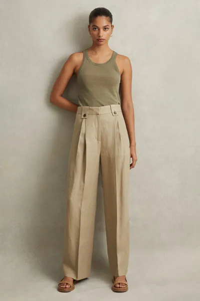 Reiss Petite Leila Heavy Linen Wide Leg Pants In Light Khaki