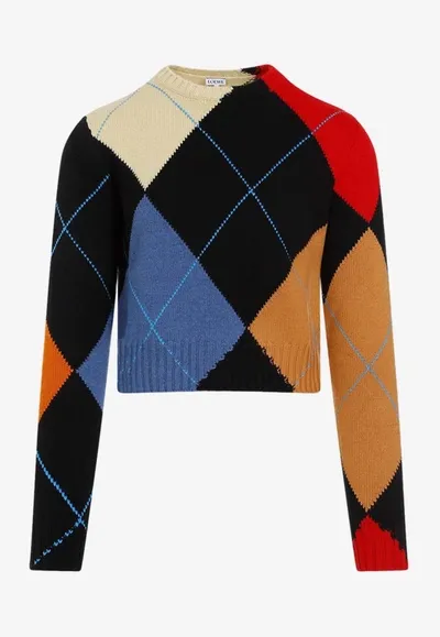 Loewe Cropped Argyle Cashmere Sweater In Black