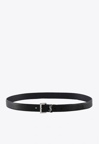 Saint Laurent Cassandre Grained Leather Belt In Black