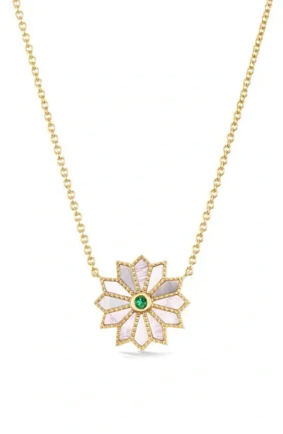 Orly Marcel Yellow Gold And Emerald Mini Sacred Flower Necklace In Green