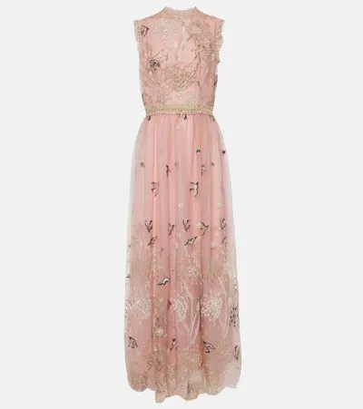 Costarellos Embroidered Tulle Gown In Pink