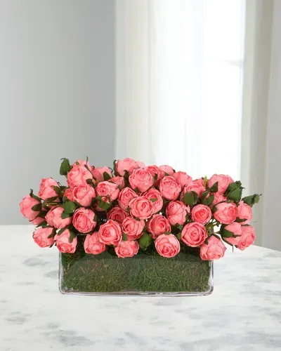 Ndi Pink Roses With Moss Garden 14" Faux Floral Arrangement In Glass Rectangle