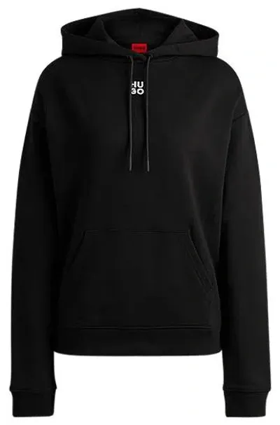 Hugo Cotton-terry Hoodie With Stacked Logo And Kangaroo Pocket In Black