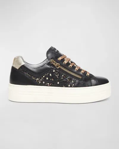 Nerogiardini Metallic Zip Cutout Glitter Sneakers In Black