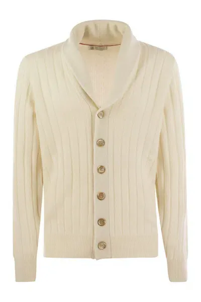 Brunello Cucinelli Ribbed Cashmere Cardigan In Ecru