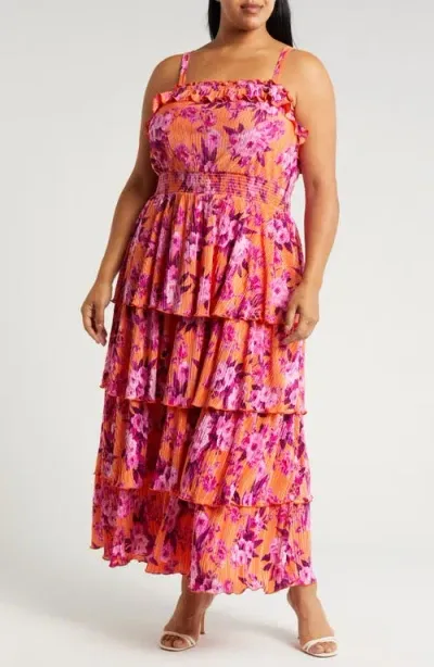 Chelsea28 Floral Tiered Plissé Maxi Dress In Orange- Pink Blossoms