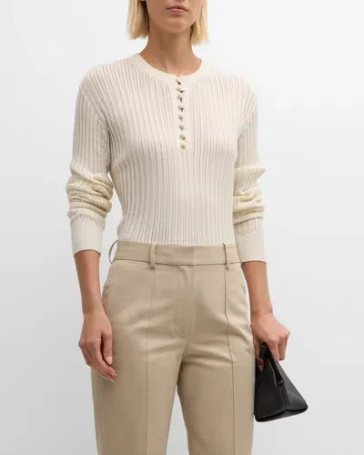 Adam Lippes Parker Cashmere-silk Rib Knit Long-sleeve Henley Sweater In Ivory