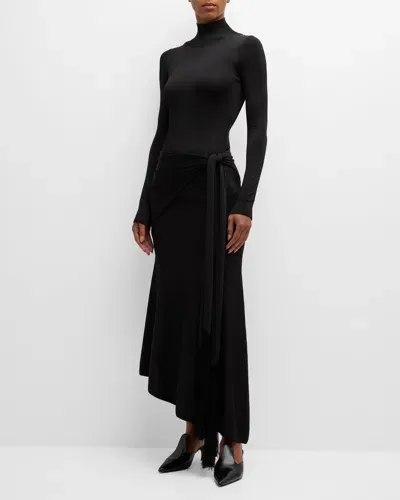 Adam Lippes Turtleneck Scarf-waist Knit Midi Dress In Black