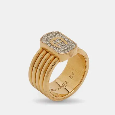 Pre-owned Aigner Gold Tone Crystal Logo Band Ring Size 54