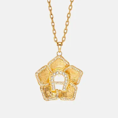 Pre-owned Aigner Gold Tone Crystal Logo Flower Pendant Necklace