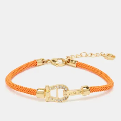 Pre-owned Aigner Orange Silk Cord Crystal Logo Yael Bracelet