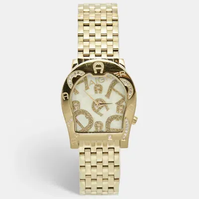 Pre-owned Aigner Yellow Mother Of Pearl Gold Plated Steel Diamond Ravenna Nuovo A25100 Women's Wristwatch 33 Mm