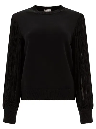 Alaïa Fringed-sleeve Knit Sweater Knitwear In Black