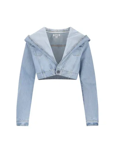 Alaïa Hooded Cropped Denim Jacket In Blue