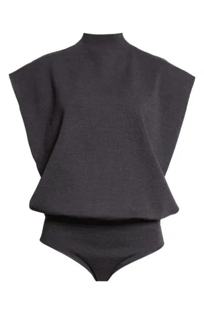 Alaïa Square Cap Sleeve Funnel Neck Wool Bodysuit In Ebene