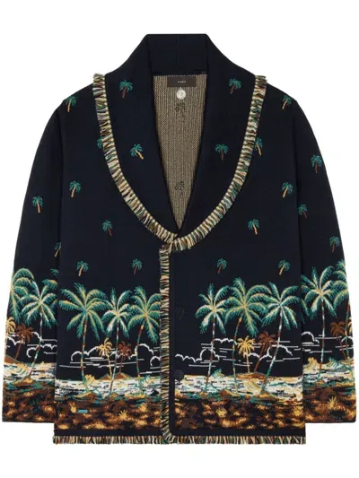 Alanui Hawaii Print-knitted Wool Cardigan In Blue