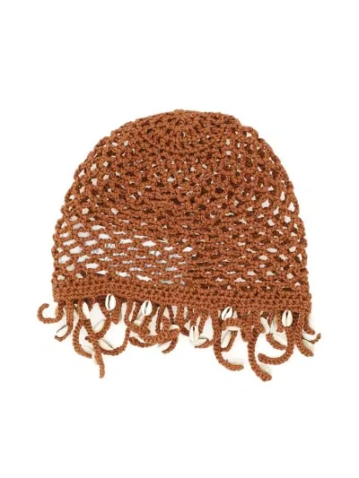 Alanui Mother Nature Cowry Shell Crochet Knit Hat In Brown