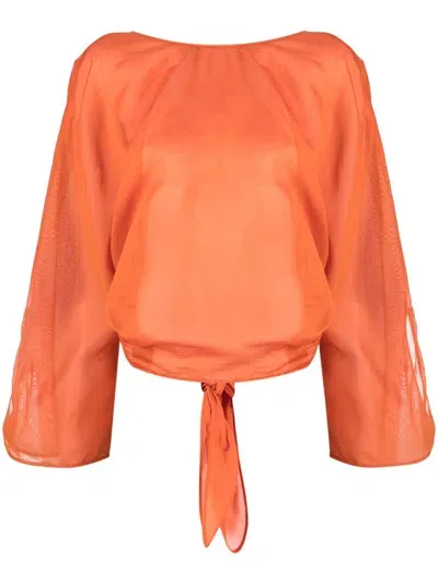 Alberta Ferretti Puffy Sleeve Open Back Twill Top In Orange