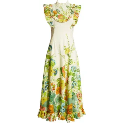 Alemais Constance Floral Linen Dress In White