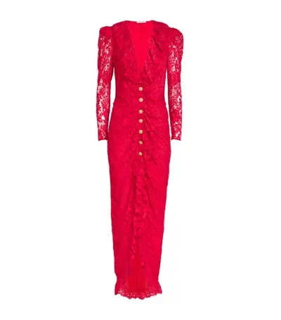 Alessandra Rich Lace Ruffle Maxi Dress In Red