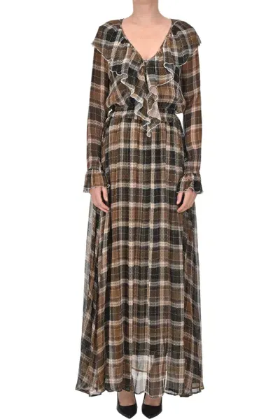 Alessia Santi Checked Print Silk Dress In Brown