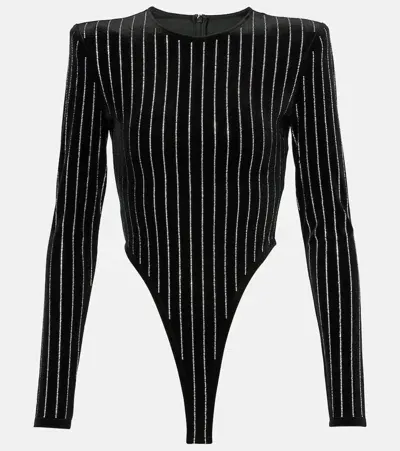 Alex Perry Crystal-embellished Pinstripe Velvet Bodysuit In Black