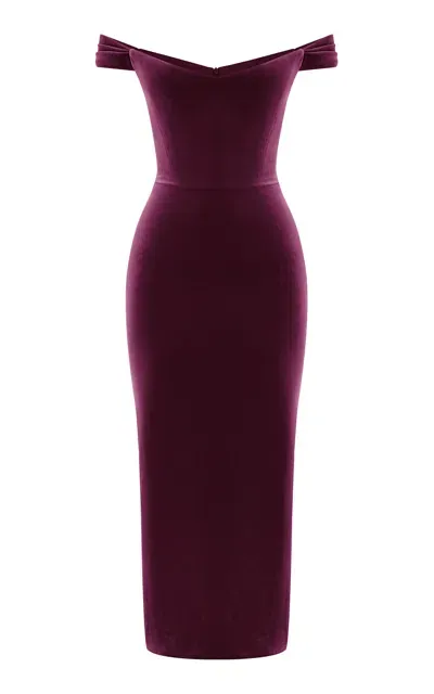 Alex Perry Off-the-shoulder Velvet Corset Midi Dress In Purple