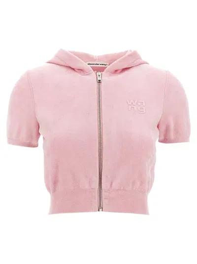 Alexander Wang T Logo Chenille Cropped Hoodie Sweatshirt In Pink