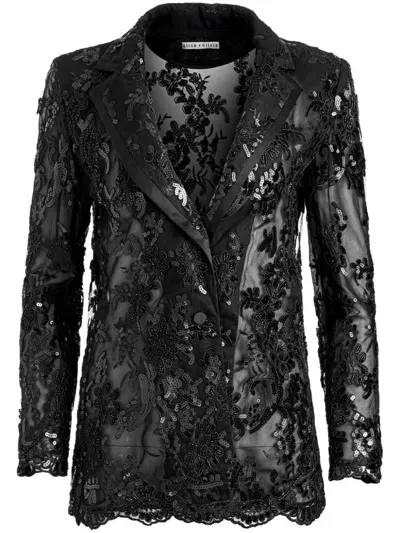 Alice And Olivia Judith Embellished Sheer Lace Notch Collar Blazer In Black