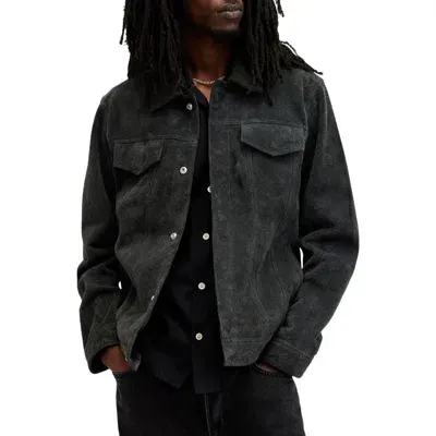 Allsaints Hopper Suede Trucker Jacket In Washed Black