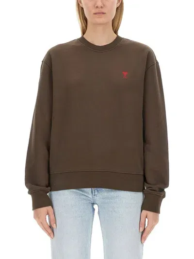 Ami Alexandre Mattiussi Ami Paris Ami De Coeur Crewneck Long In Brown