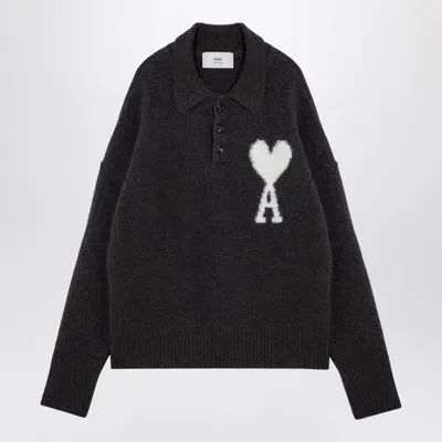 Ami Alexandre Mattiussi Ami Paris Dark Grey Ami De Coeur Alpaca Polo Jumper In Gray