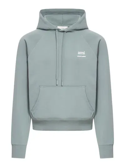 Ami Alexandre Mattiussi Logo Print Boxy Cotton Blend Hoodie In Grey