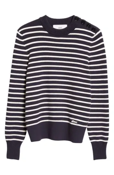 Ami Alexandre Mattiussi Ami Paris Sailor Stripe Cotton & Wool Crewneck Sweater In Navy Blue/off White/4023