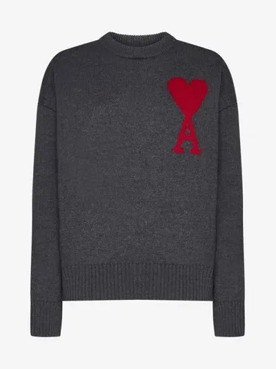 Ami Alexandre Mattiussi Logo Cashmere Sweater In 067 Grey/red