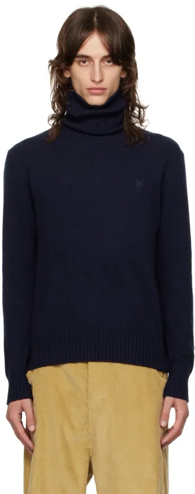 Ami Alexandre Mattiussi Navy Cashmere Ami De Cœur Turtleneck In Navy Blue/4011