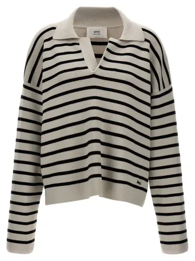 Ami Alexandre Mattiussi Biologic Cotton And Wool Sweater With Striped Motif In White