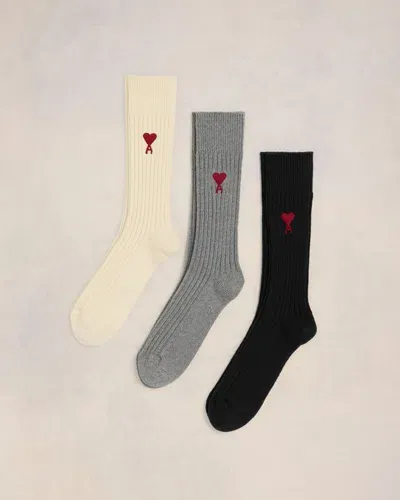 Ami Alexandre Mattiussi Three Pack Ami De Coeur Socks White In Off White/ Grey/ Black