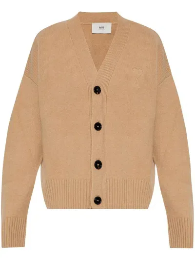 Ami Alexandre Mattiussi Wool-cashmere V-neck Cardigan In Neutrals