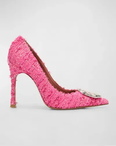 Amina Muaddi Camelia Tweed Crystal Ornament Pumps In Pink