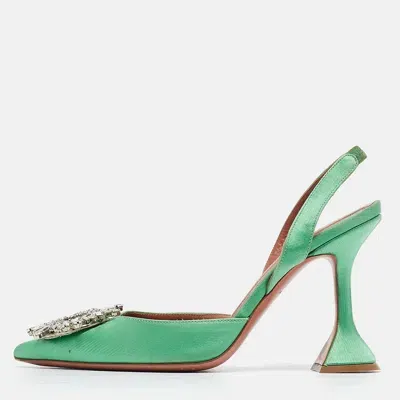 Pre-owned Amina Muaddi Green Satin Begum Slingback Pumps Size 36.5