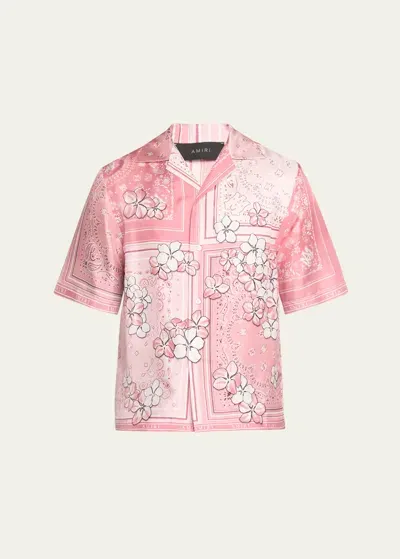 Amiri Pink Bowling Shirt With Floral Bandana Print In Silk Man