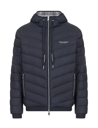 Armani Exchange Milano/new York Logo Mens Hooded Down Jacket In Navy/melange Grey 5578