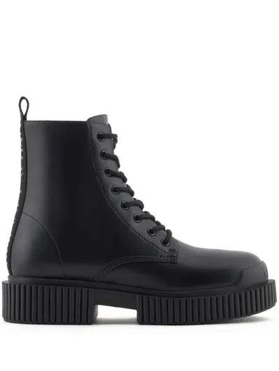 Armani Exchange Leather Combat Boots In Black