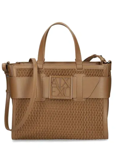 Armani Exchange Logo-plaque Woven Tote Bag In Brown